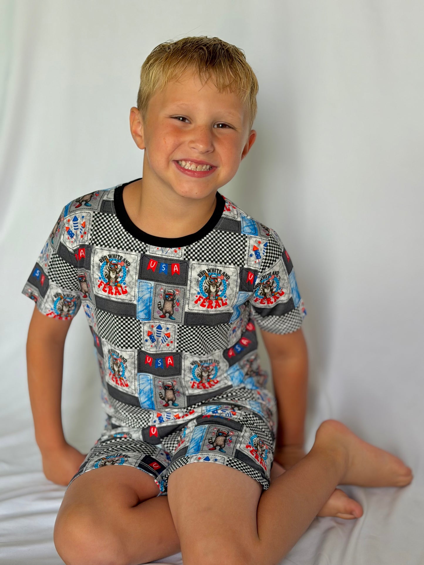 Red, White and FERAL 2 Piece Short Sleeve and Shorts Set