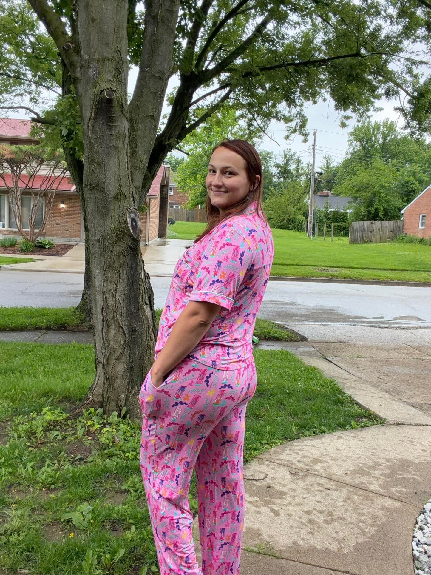 Pink Energy Short Sleeve Button Down and Pants Adult Set